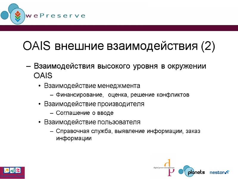 OAIS внешние взаимодействия (2) Взаимодействия высокого уровня в окружении OAIS Взаимодействие менеджмента  